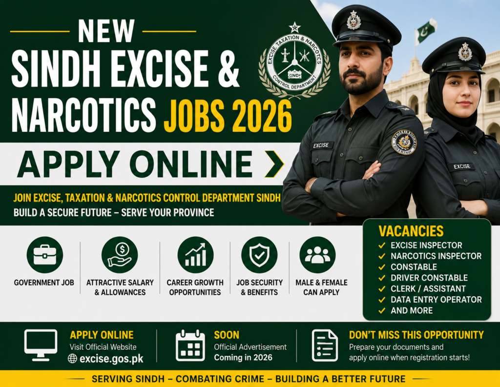 New Sindh Excise & Narcotics Jobs 2026-Apply Online